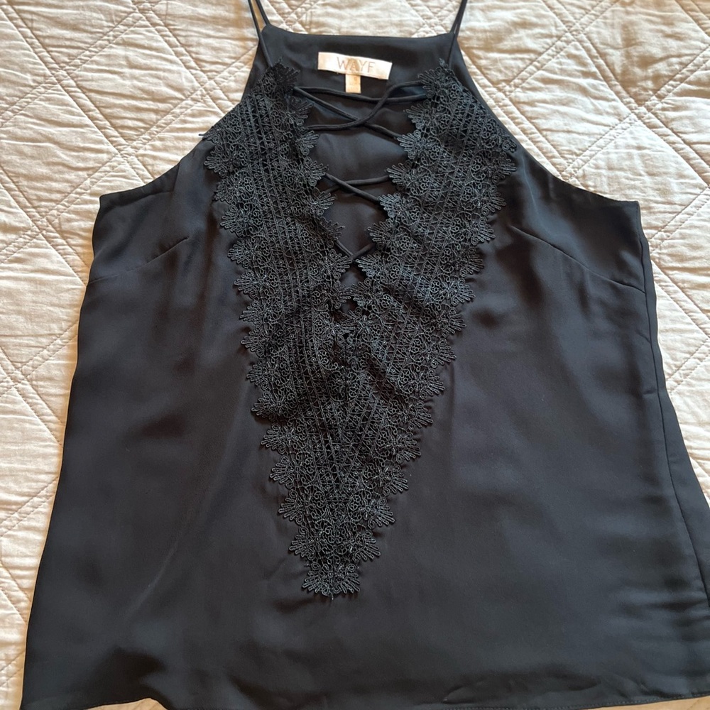 Wayf Black Halter Sleeveless Camisole with Asymmetrical Embellishments
